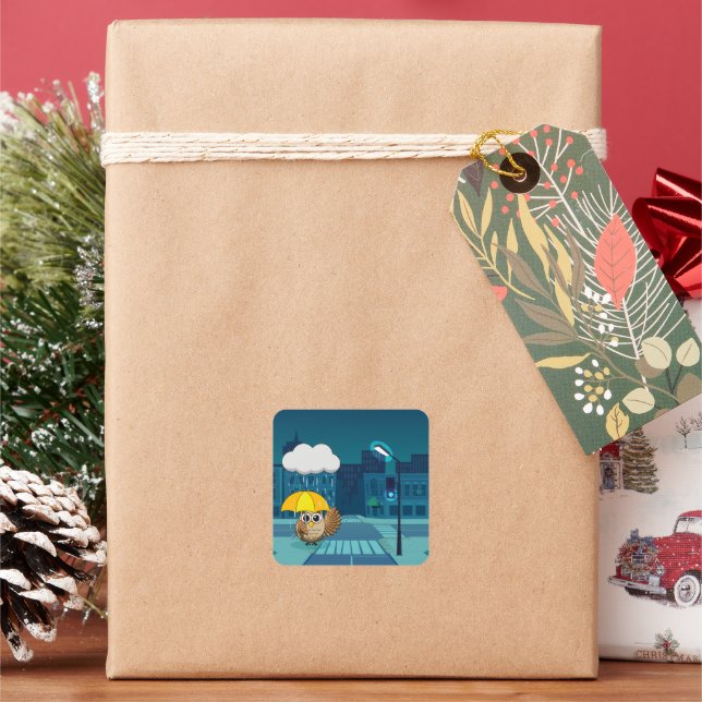 Cute Owl with Umbrella on Rainy Day Square Sticker (Holiday)