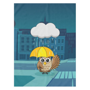 Cute Owl with Umbrella on Rainy Day Tablecloth