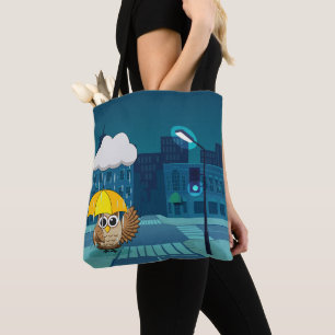 Cute Owl with Umbrella on Rainy Day Tote Bag