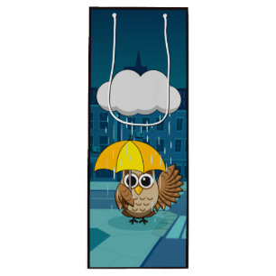 Cute Owl with Umbrella on Rainy Day Wine Gift Bag