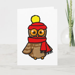 Cute owl with winter hat and scarf holiday card