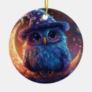 Cute Owl Wizard on the Moon: Magical Fantasy Art Ceramic Tree Decoration