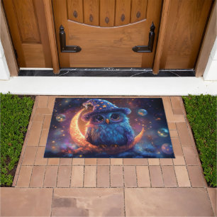 Cute Owl Wizard on the Moon: Magical Fantasy Art Doormat