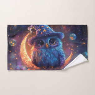 Cute Owl Wizard on the Moon: Magical Fantasy Art Hand Towel