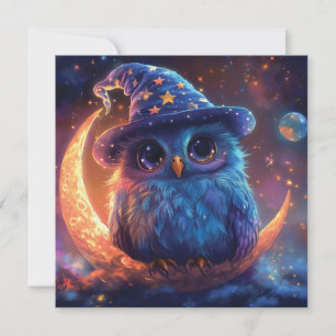Cute Owl Wizard on the Moon: Magical Fantasy Art Holiday Card