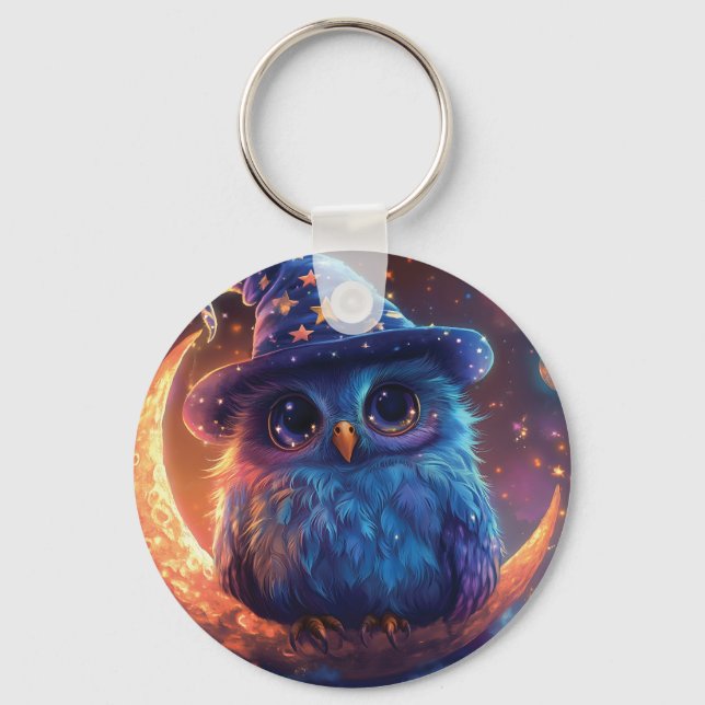 Cute Owl Wizard on the Moon: Magical Fantasy Art Key Ring (Front)