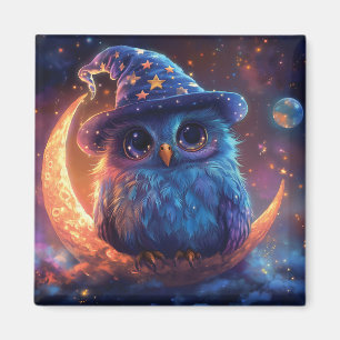Cute Owl Wizard on the Moon: Magical Fantasy Art Magnet