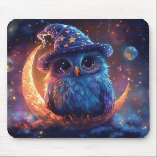 Cute Owl Wizard on the Moon: Magical Fantasy Art Mouse Mat