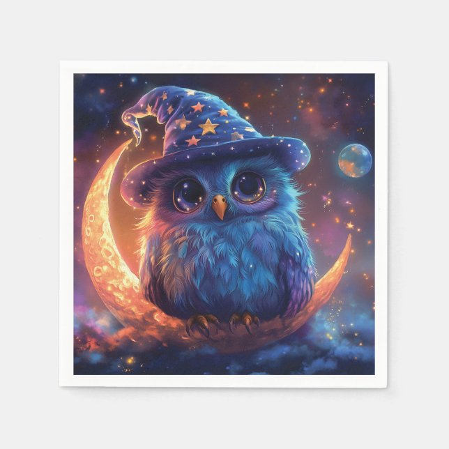 Cute Owl Wizard on the Moon: Magical Fantasy Art Napkin (Front)