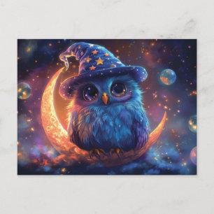 Cute Owl Wizard on the Moon: Magical Fantasy Art Postcard