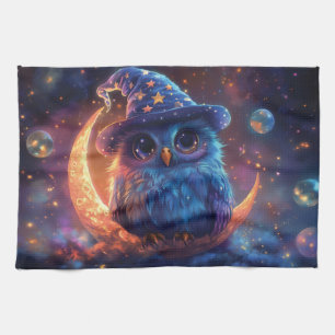 Cute Owl Wizard on the Moon: Magical Fantasy Art Tea Towel