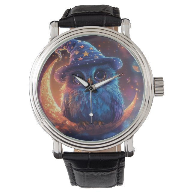 Cute Owl Wizard on the Moon: Magical Fantasy Art Watch (Front)