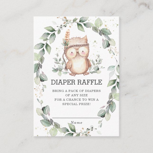 Cute Owl Woodland Greenery Wreath Diaper Raffle  Enclosure Card (Front)