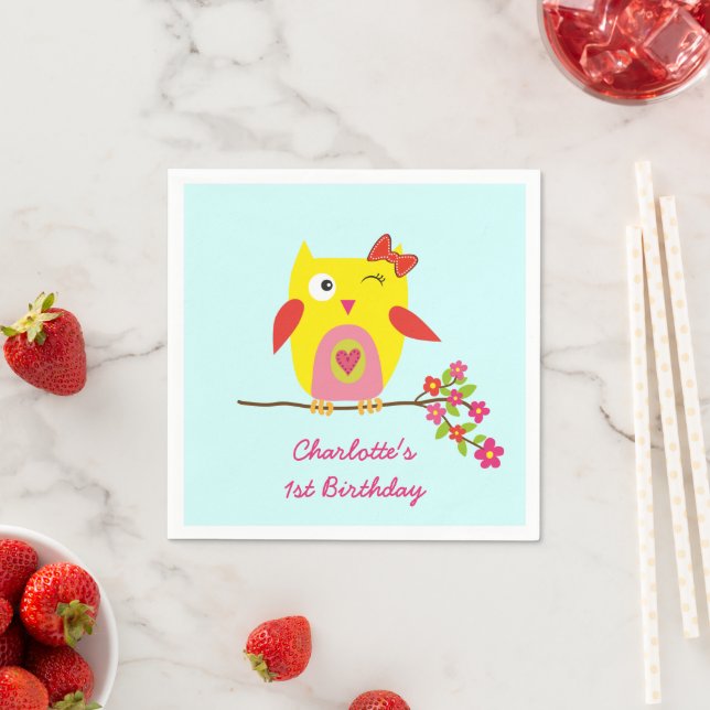 Cute Owl Yellow Pink Flowers Personalised Birthday Napkin (Insitu)