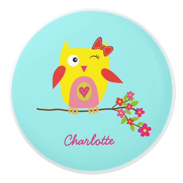 Cute Owl Yellow Pink Flowers Personalised Name Ceramic Knob (Front)