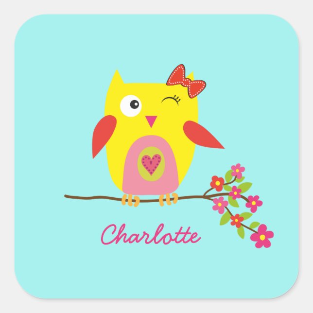 Cute Owl Yellow Pink Flowers Personalised Name Square Sticker (Front)