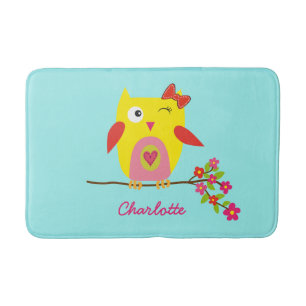 Cute Owl Yellow Pink Illustration Customisable Bath Mat