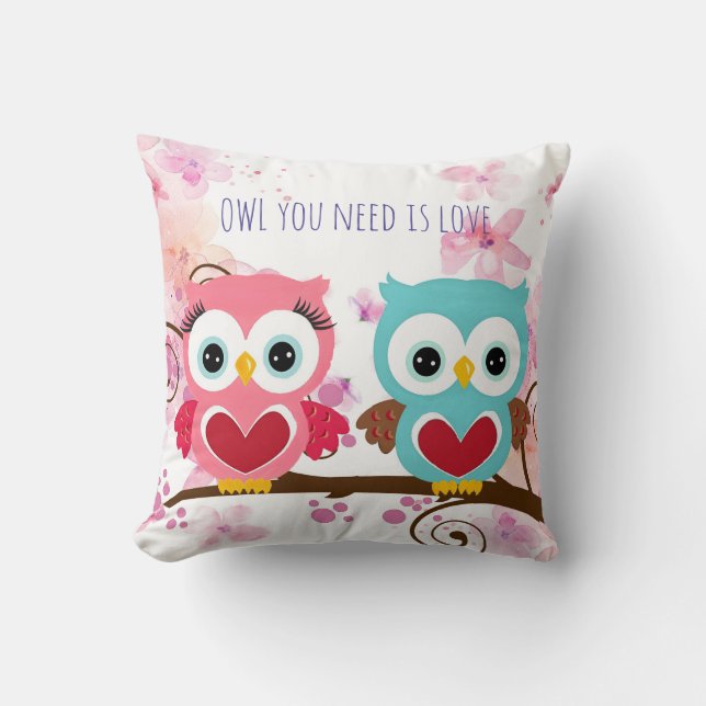 Cute Owl You Need is Love Flowers Cotton Cushion (Front)