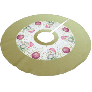 Cute Owls And Christmas Balls With Glitter Gold Brushed Polyester Tree Skirt