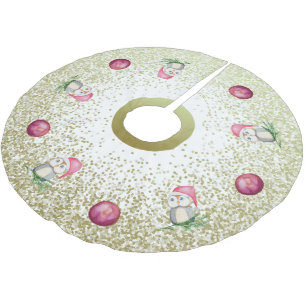 Cute Owls And Christmas Balls With Glitter Gold Brushed Polyester Tree Skirt