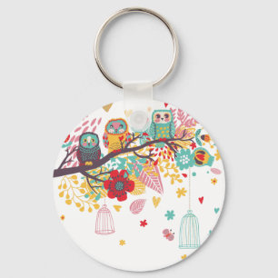 Cute Owls and colourful floral image background Key Ring