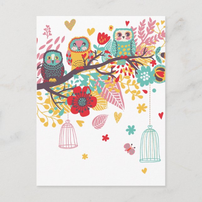 Cute Owls and colourful floral image background Postcard (Front)