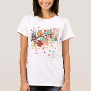 Cute Owls and colourful floral image background T-Shirt