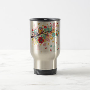 Cute Owls and colourful floral image background Travel Mug