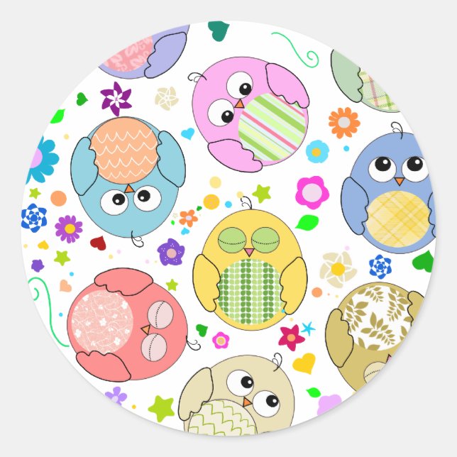 Cute Owls and Flowers pattern Classic Round Sticker (Front)