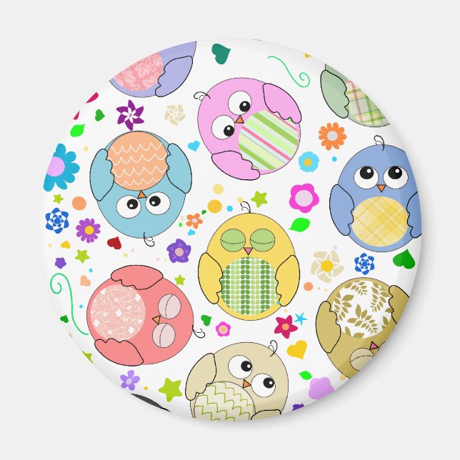 Cute Owls and Flowers pattern Magnet (Front)