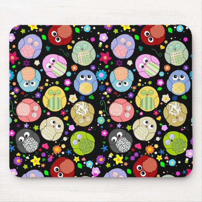 Cute Owls and Flowers pattern mousepad - Black (Front)
