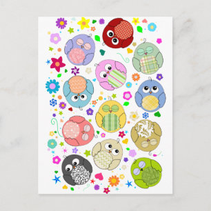 Cute Owls and Flowers pattern Postcard