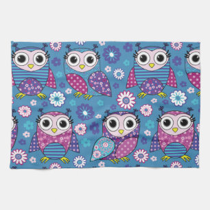 Cute Owls And Flowers Tea Towel