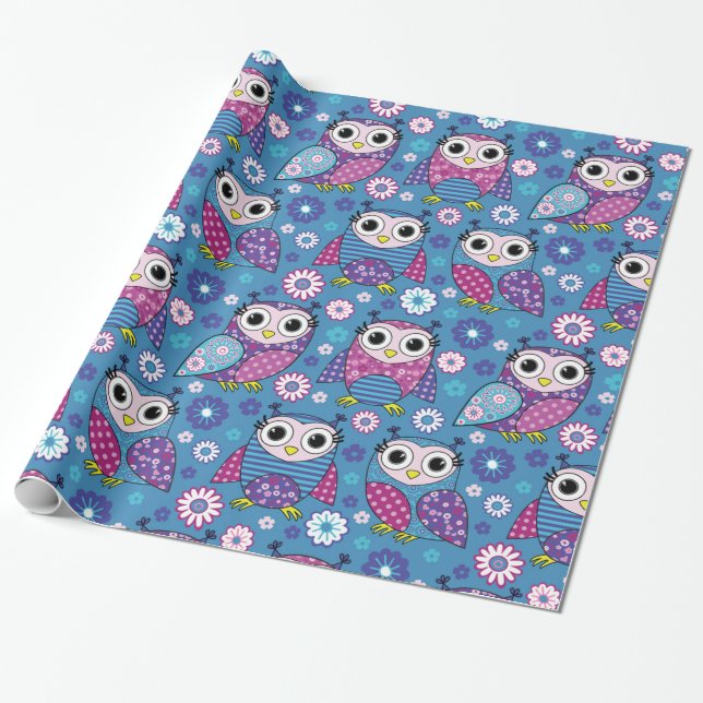 Cute Owls And Flowers Wrapping Paper (Unrolled)