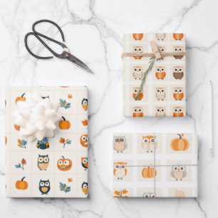 Cute Owls and Pumpkins Autumn Wrapping Paper Sheet