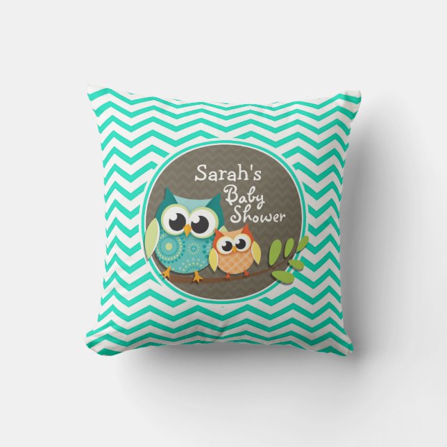 Cute Owls; Aqua Green Chevron Cushion (Front)