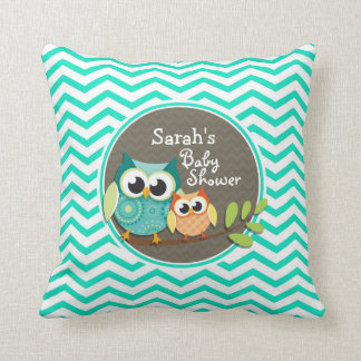 Cute Owls; Aqua Green Chevron Cushion