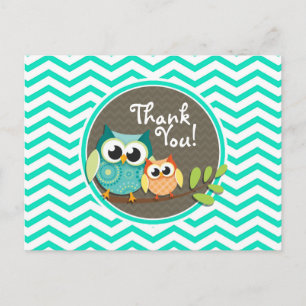 Cute Owls; Aqua Green Chevron Postcard