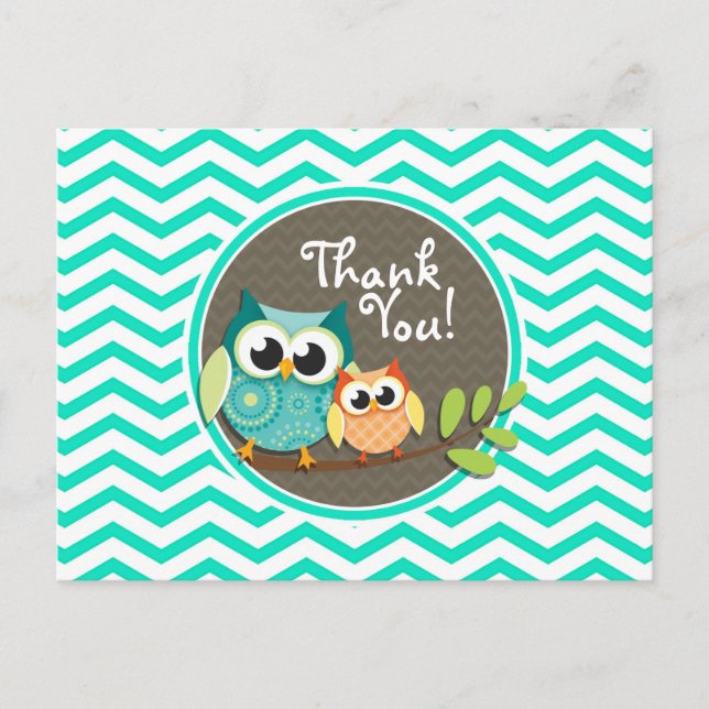 Cute Owls; Aqua Green Chevron Postcard (Front)