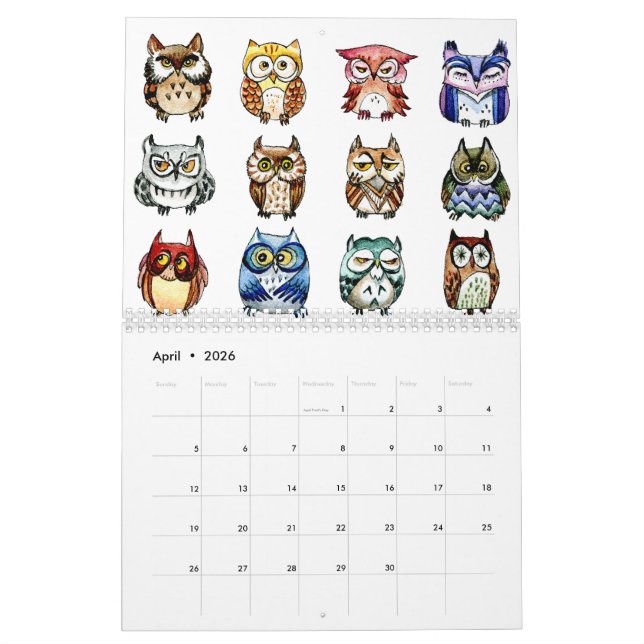 Cute owls art calendar (Apr 2026)