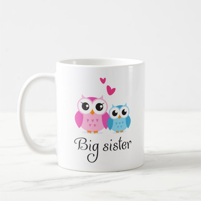 Cute owls big sister little brother cartoon coffee mug (Left)
