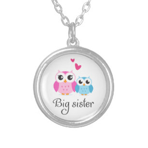 Cute owls big sister little brother cartoon silver plated necklace