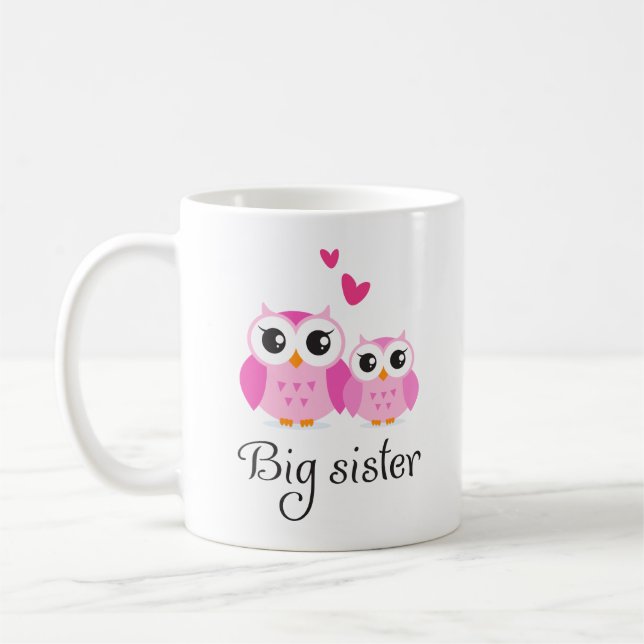 Cute owls big sister little sister cartoon coffee mug (Left)