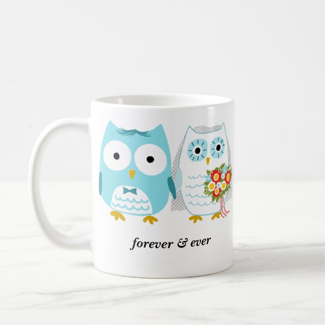Cute Owls Bride and Groom Newlyweds Wedding Couple Coffee Mug (Left)
