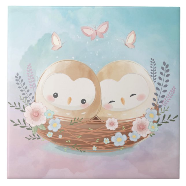 Cute Owls  Ceramic Tile (Front)