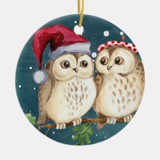 Cute Owls Christmas Ceramic Tree Decoration (Front)