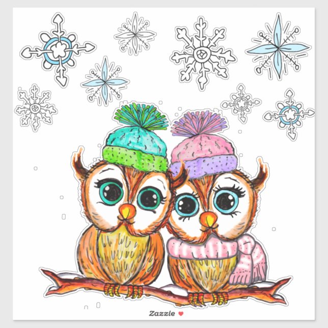 Cute  Owls Couple and Snowflakes (Sheet)