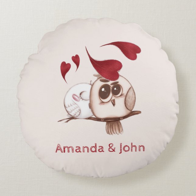 Cute Owls Couple Names Personalised Round Cushion (Front)