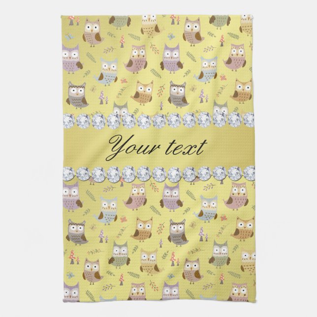 Cute Owls Faux Gold Foil Bling Diamonds Tea Towel (Vertical)