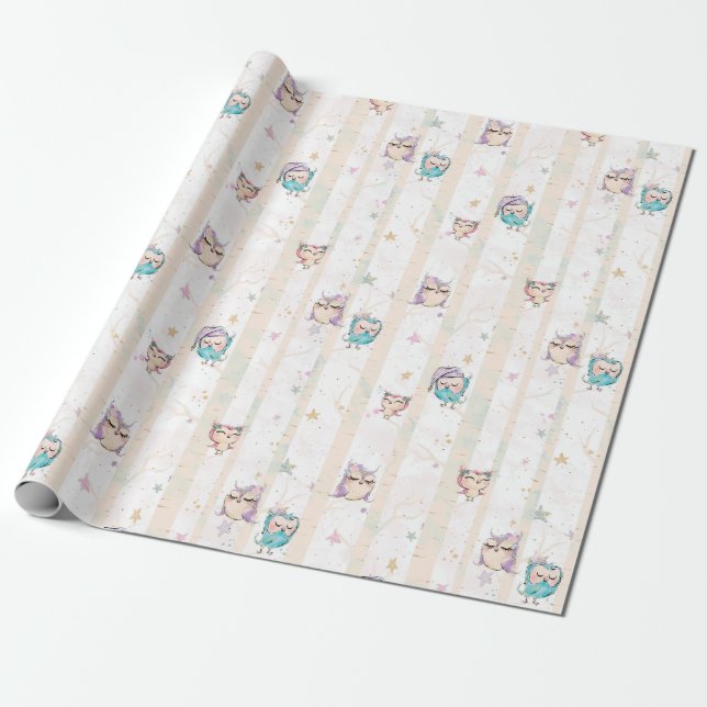 Cute Owls Forest Wood Pink Purple Blue Glitter Wrapping Paper (Unrolled)